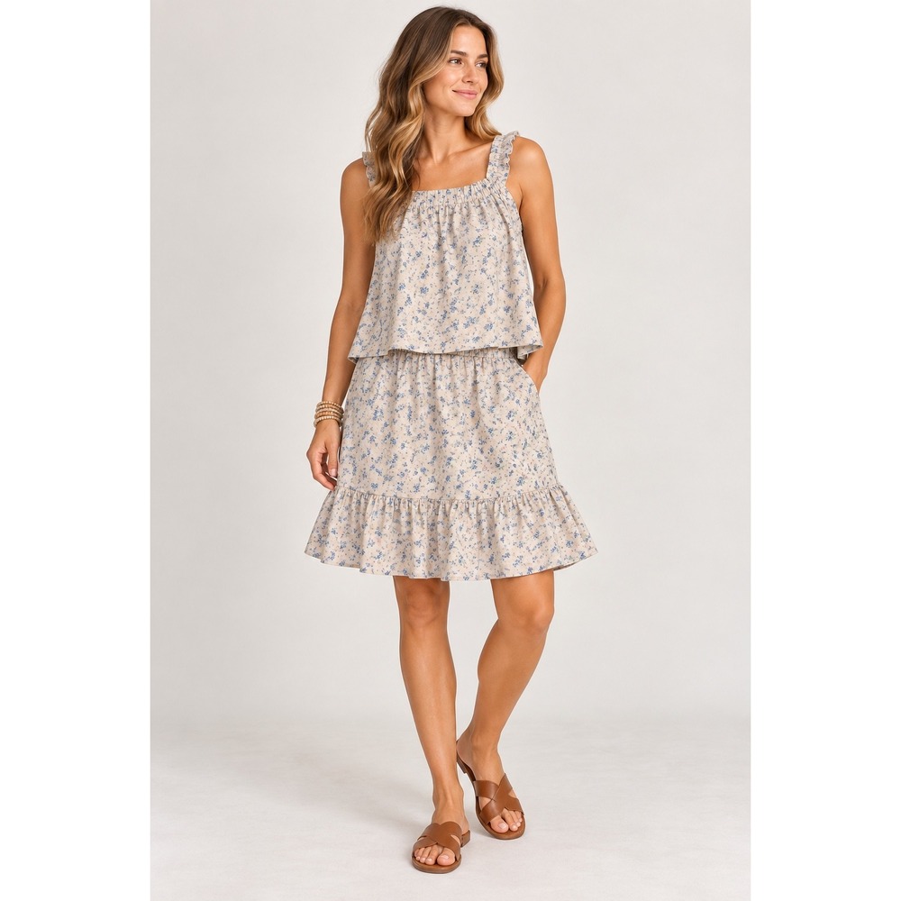 Rachel Zoe 100% Linen 2 Piece Set Floral Tank Ruffle Skirt Size M